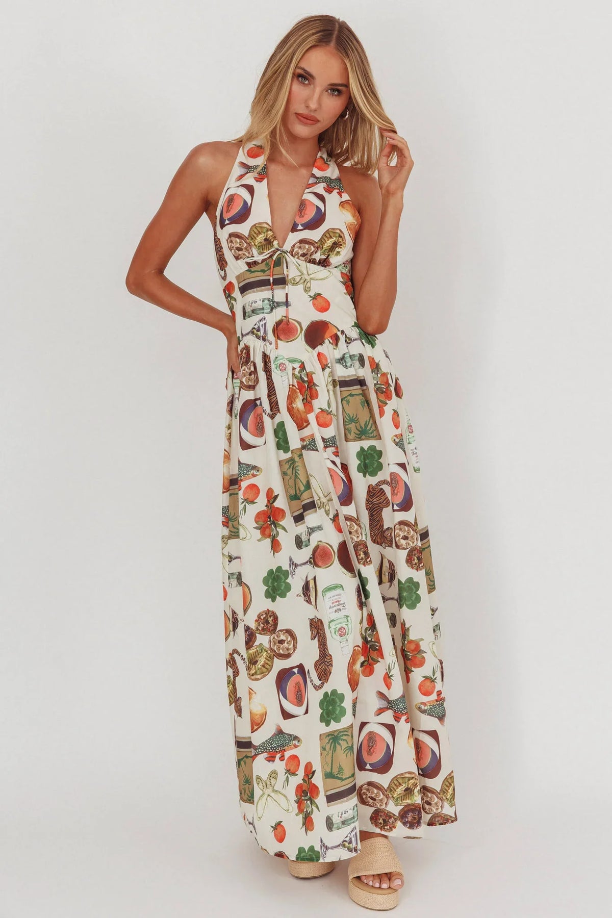 Clarette Basque Waist Open Back Maxi Dress Exotic Beige