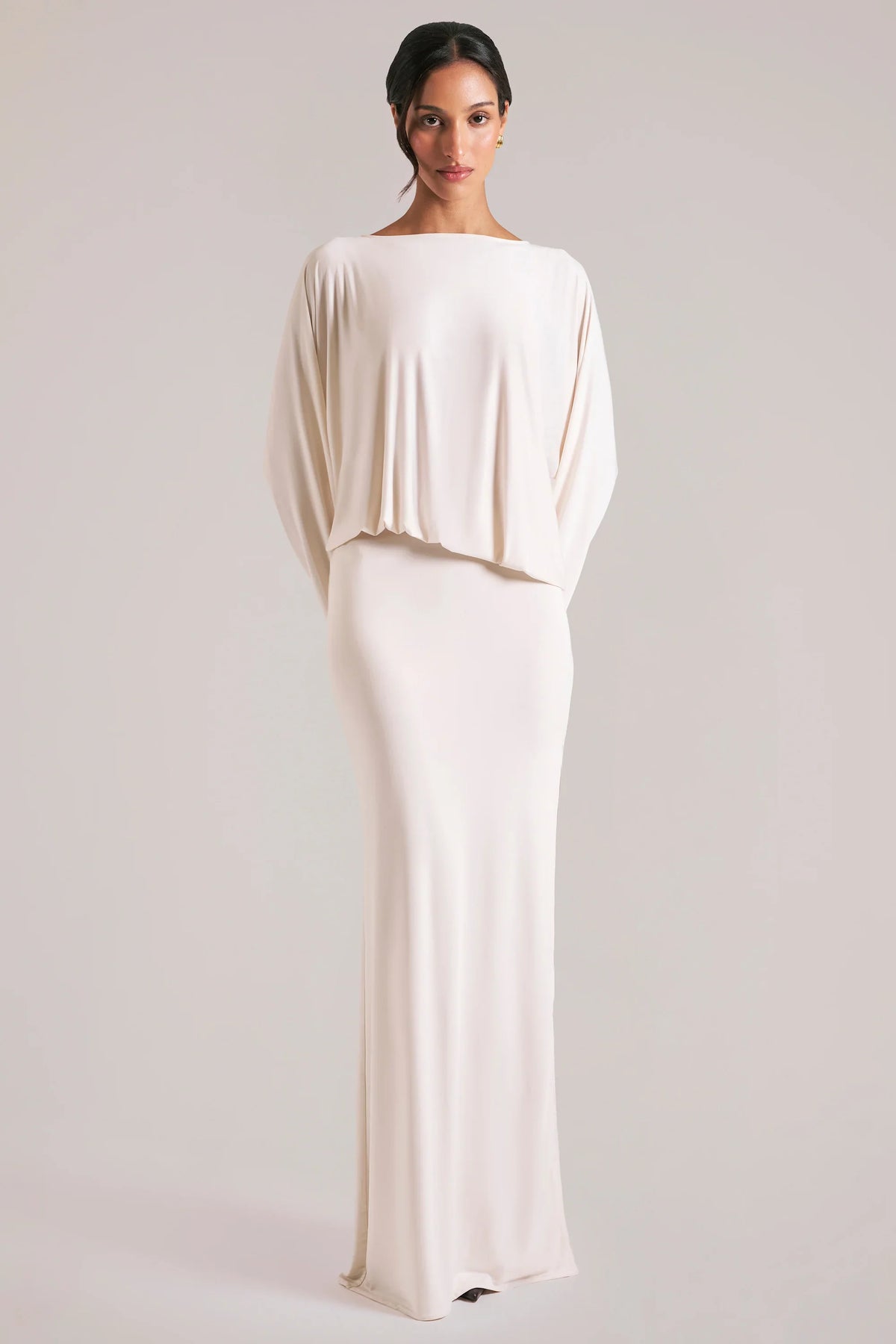 Long-Sleeve Draped Maxi Dress in Ivory