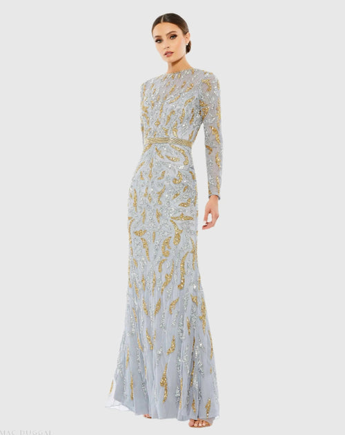 Gray Long Sleeve Beaded Evening Gown
