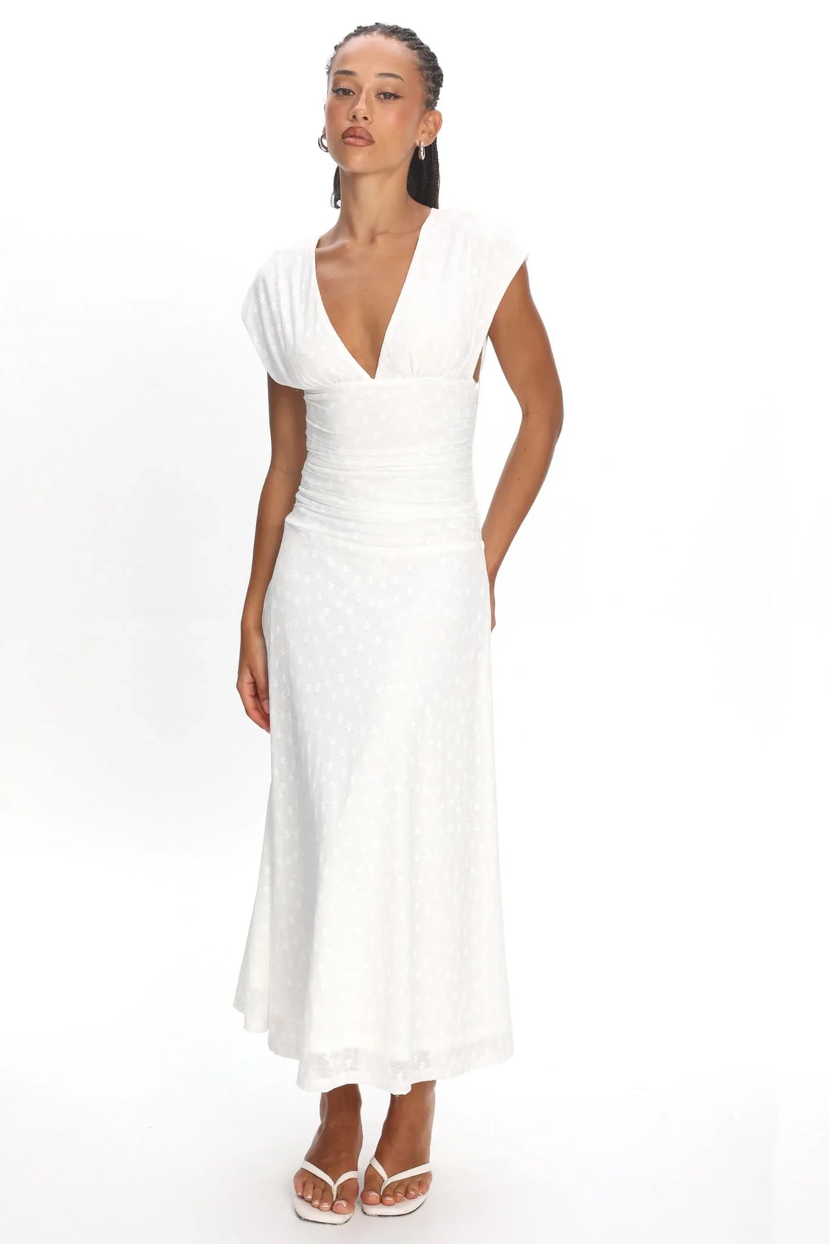 Novia Ruched Bodice Maxi Dress Embroidered Off White