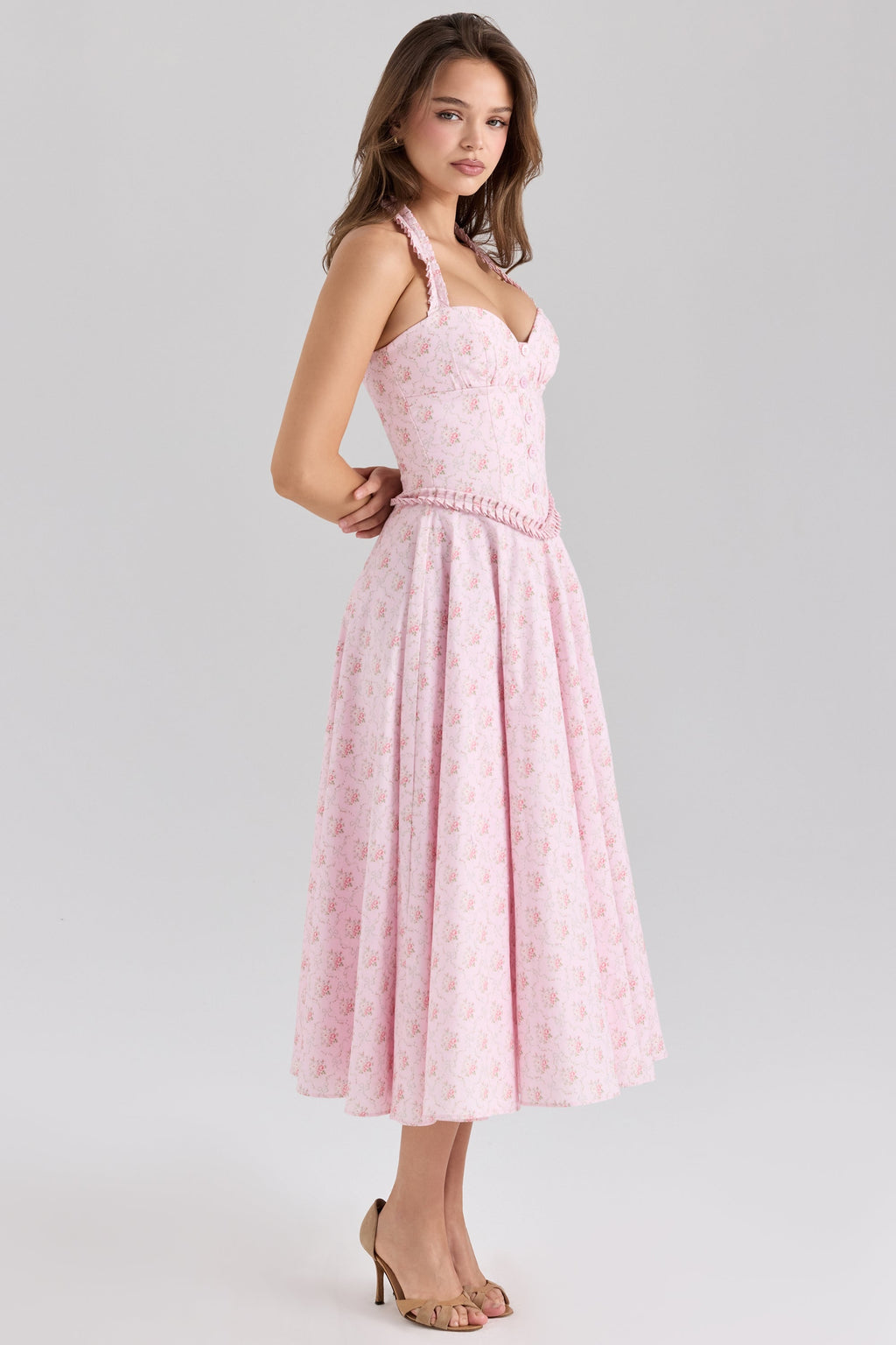 pink rose print stretch cotton halter neck midi dress
