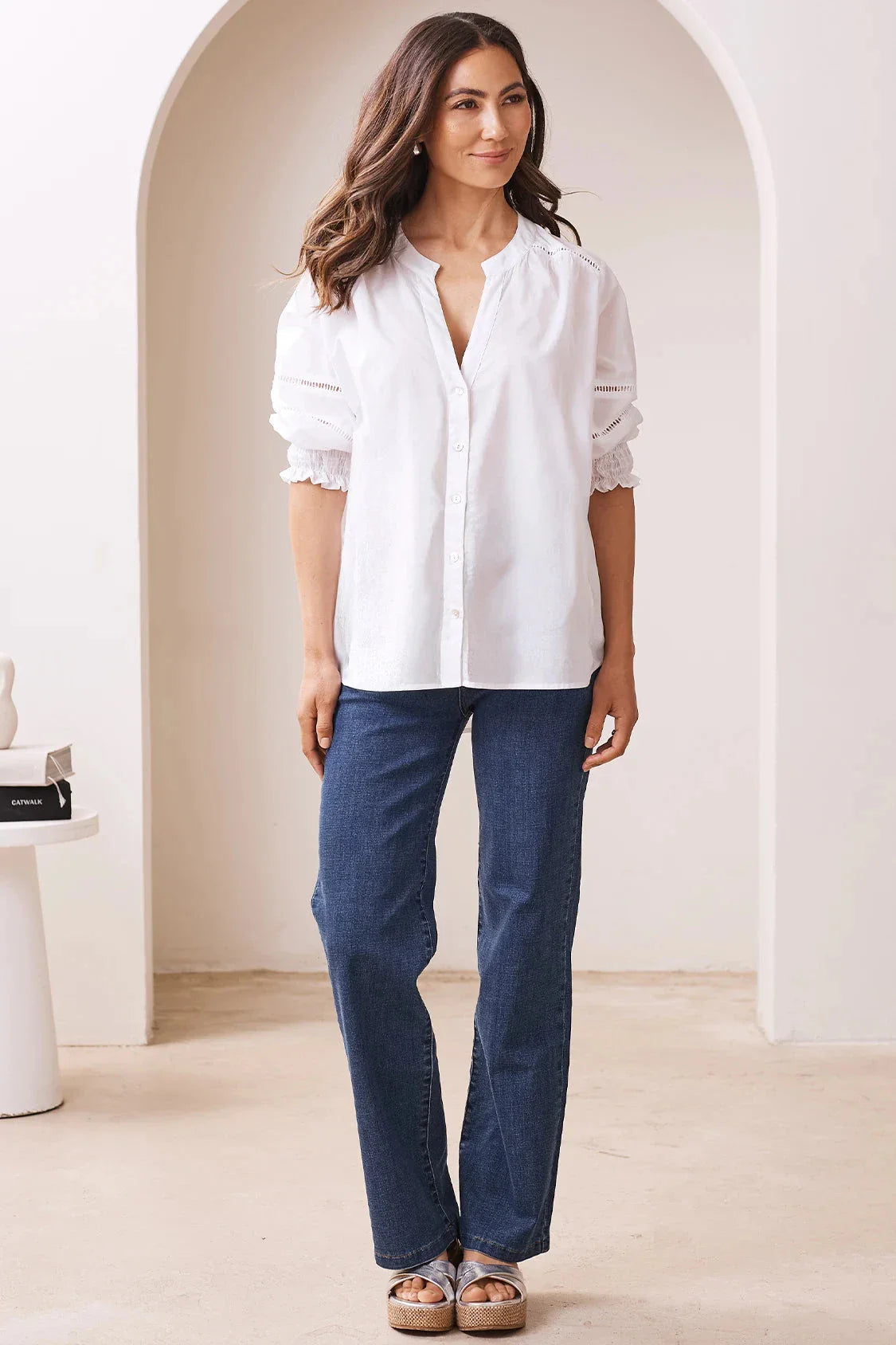 Whittney 3/4 Sleeve Smocked Cuffs V-Neck Top White
