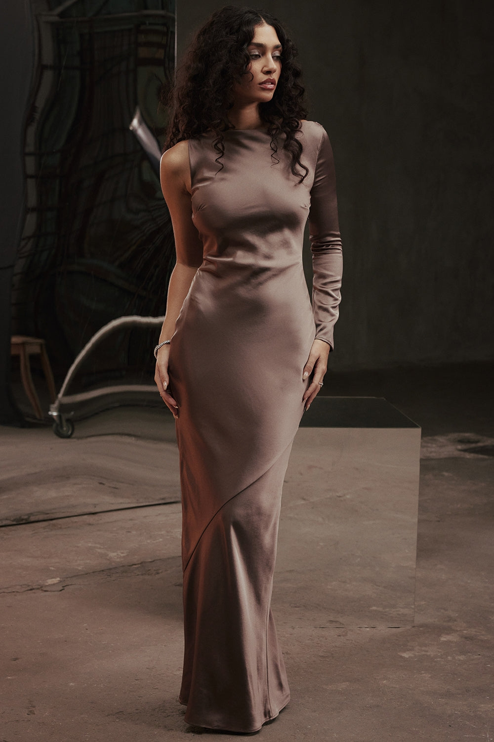 smoke one sleeve maxi dress