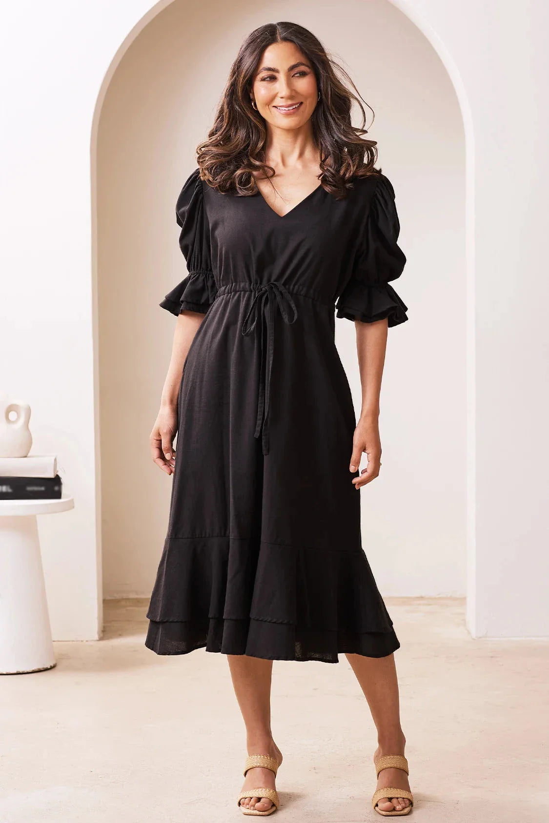 Laguna Short Balloon Sleeves V-Neck Midi Dress Black