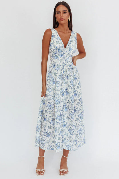 Spring Dawn Basque Waist Maxi Dress Floral Blue
