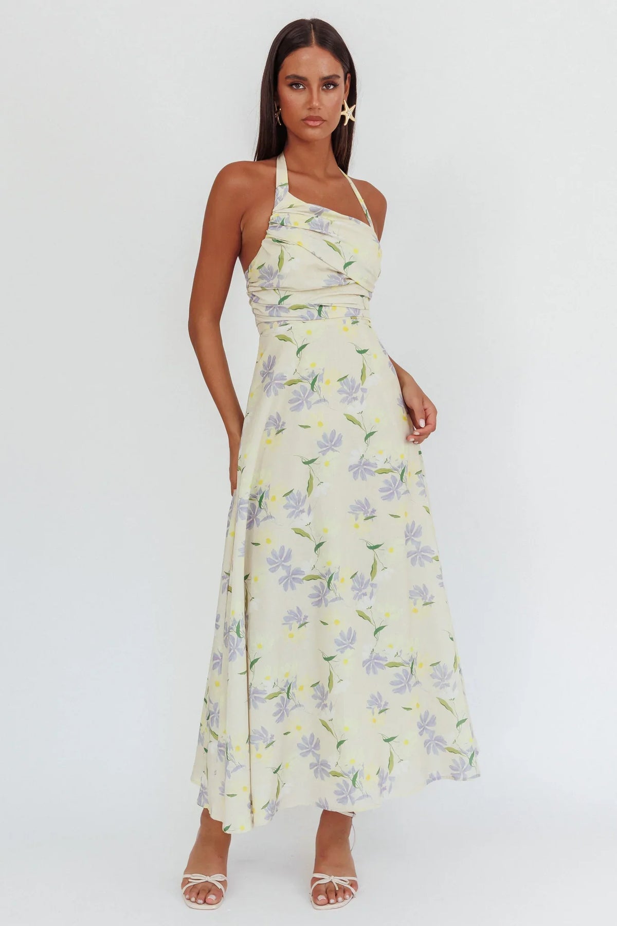 Auriana Asymmetric Neckline Halter maxi Dress Floral Lemon