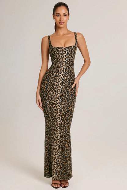 Modal Square Neck Maxi Dress in Leopard Print