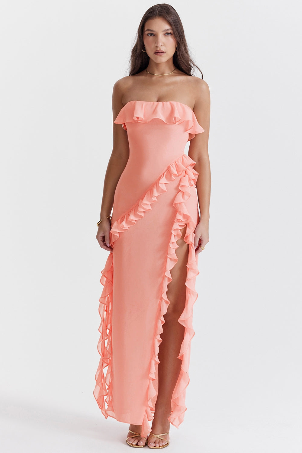 apricot ruffle maxi dress