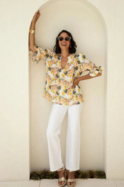Positano Floral Mid Sleeve V-Neck Linen Top