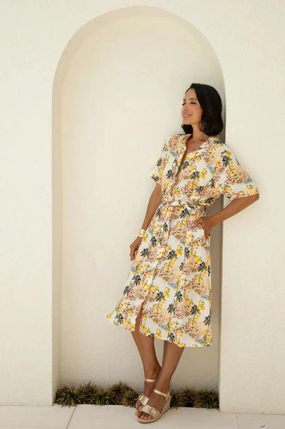 Positano Floral Mid Sleeve Collared Linen Midi Dress