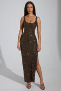 Embellished Scoop-Neck Thigh-Split Maxi Dress in Brown