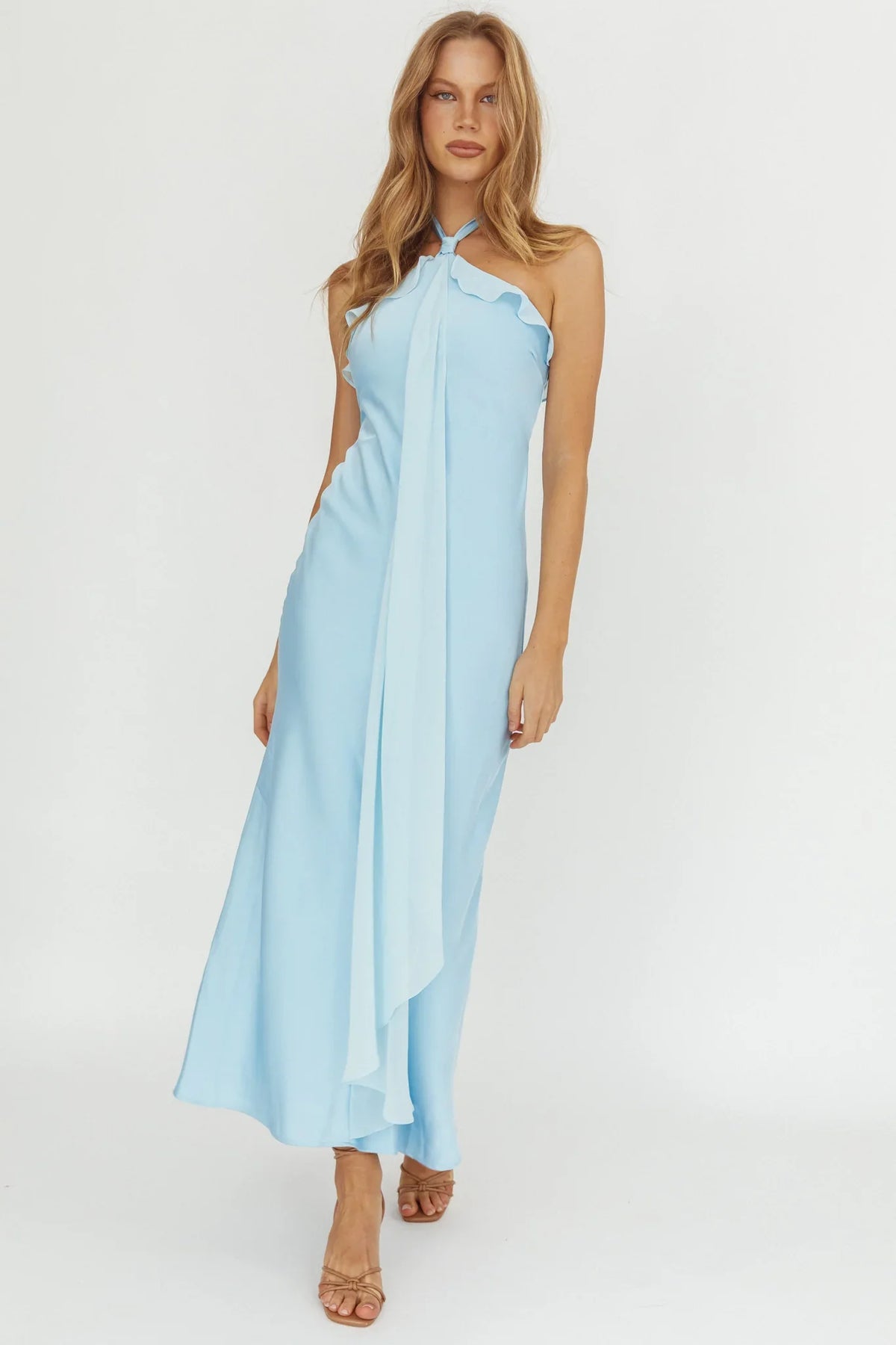 Starlet Halterneck Sash Maxi Dress Baby Blue