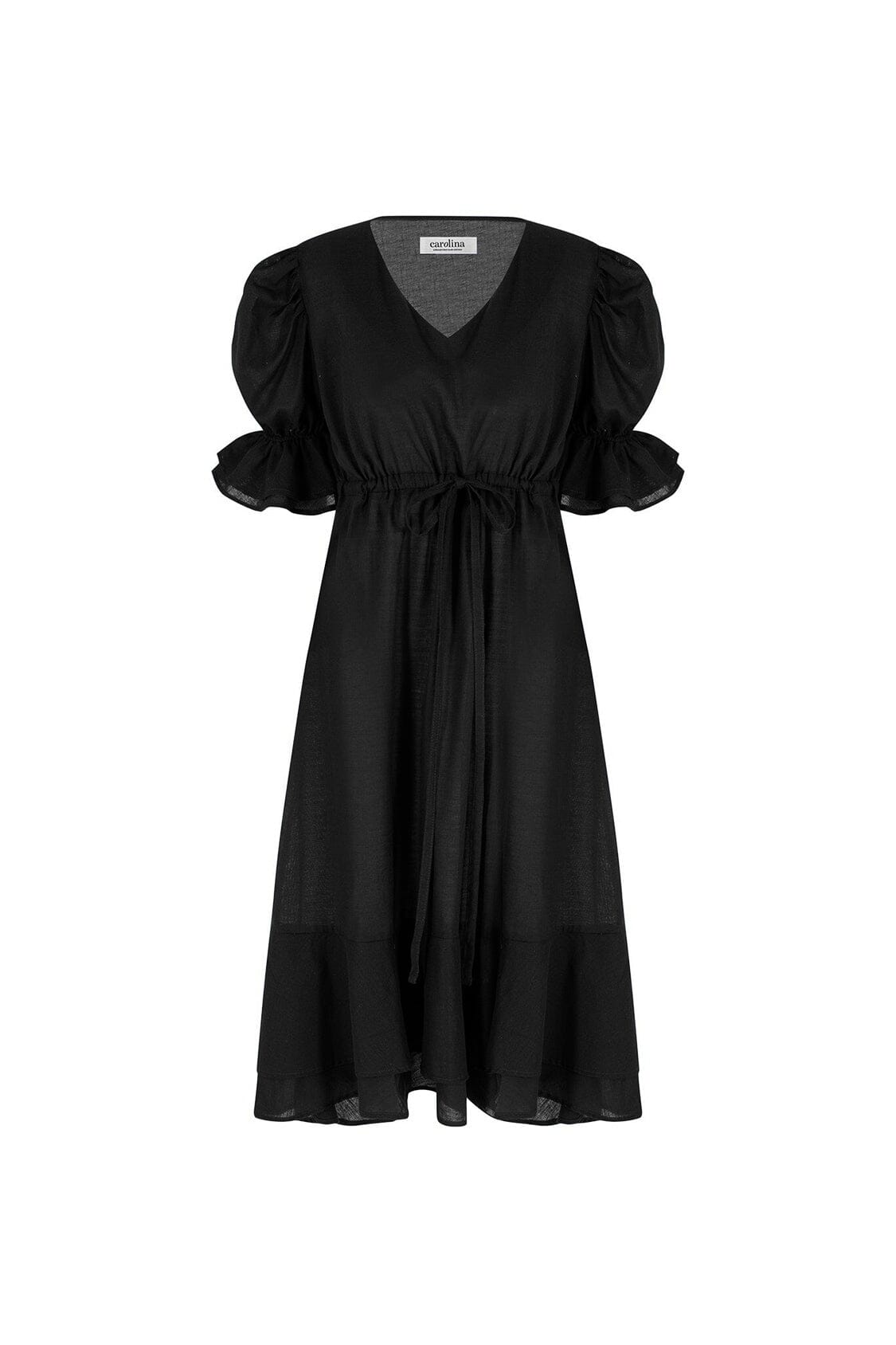 Laguna Short Balloon Sleeves V-Neck Midi Dress Black