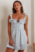 Doe Tied Bust Frill Mini Dress Floral Blue