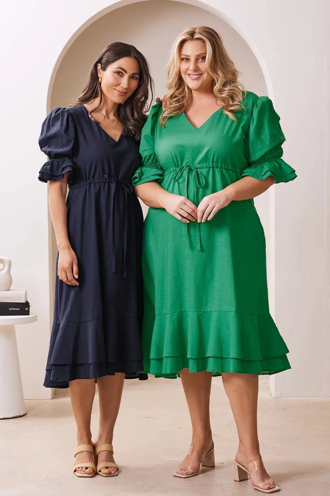 Laguna Short Balloon Sleeves V-Neck Midi Dress Navy