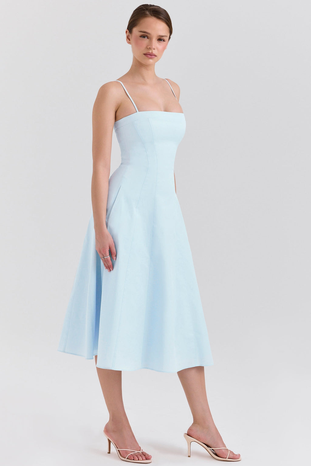 soft blue stretch cotton a-line midi sundress