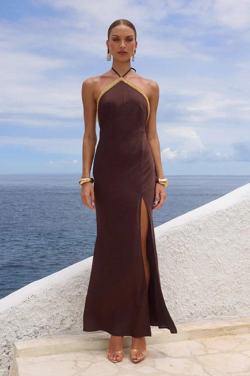 SHAE HALTER MAXI DRESS - BITTER CHOCOLATE