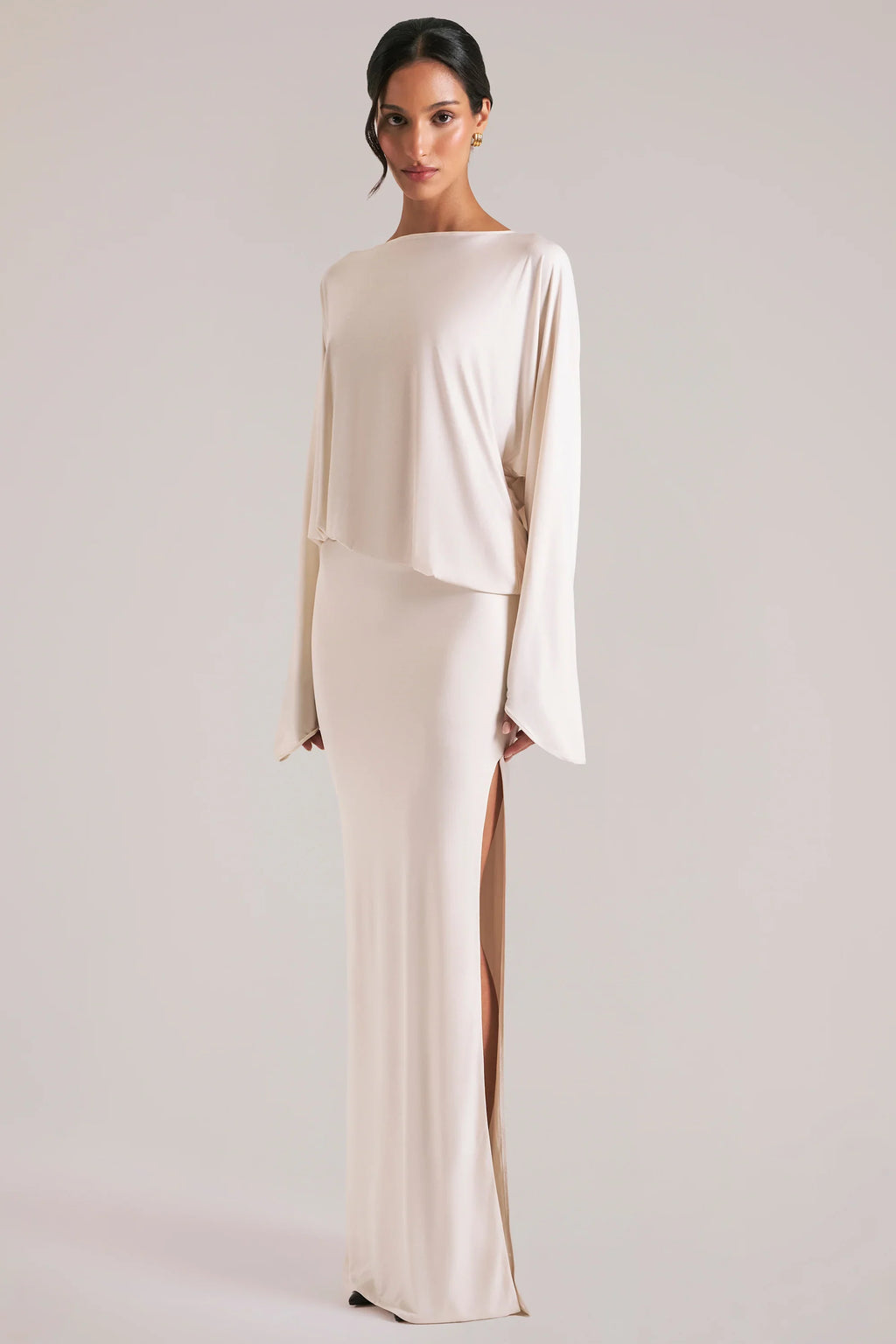 Long-Sleeve Draped Maxi Dress in Ivory