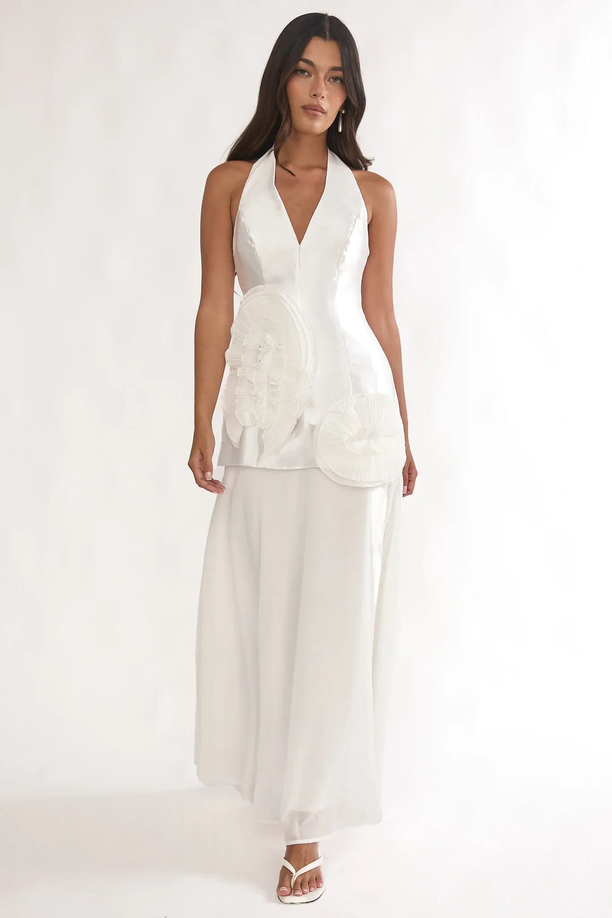 Elyria 3D Ruffle Halter Maxi Dress White