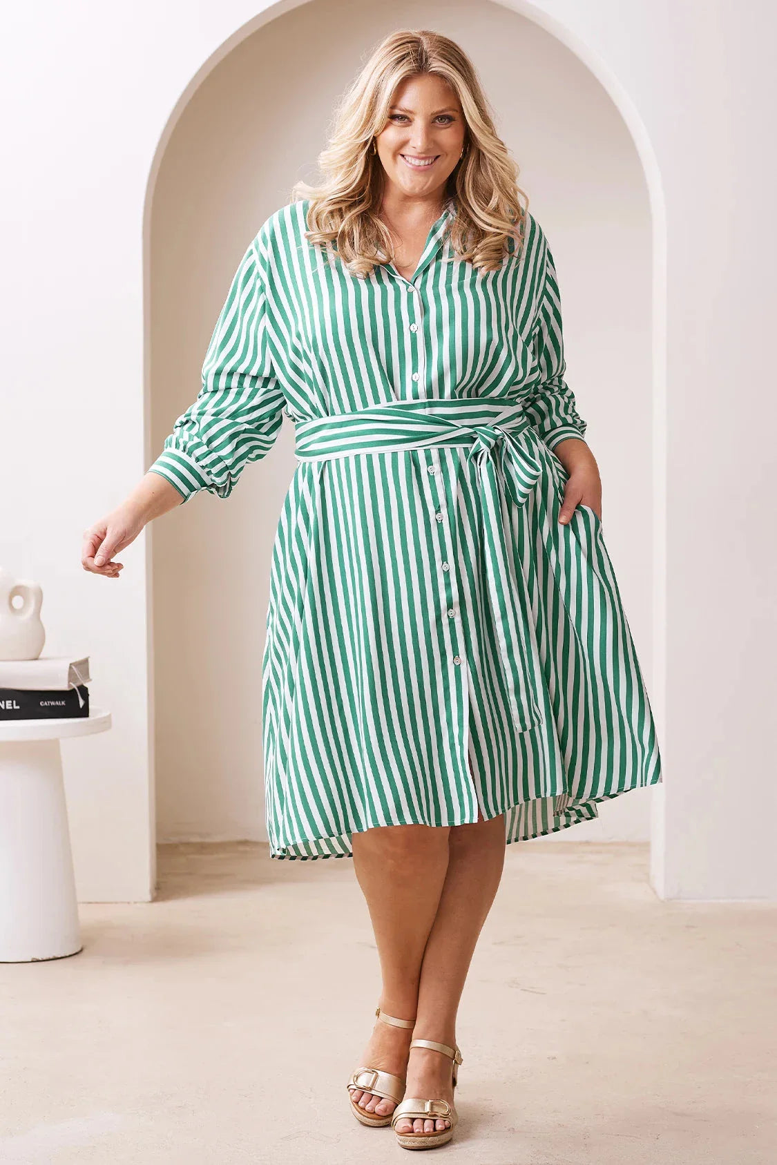 Francesca Long Sleeve Striped Midi Dress Emerald and White