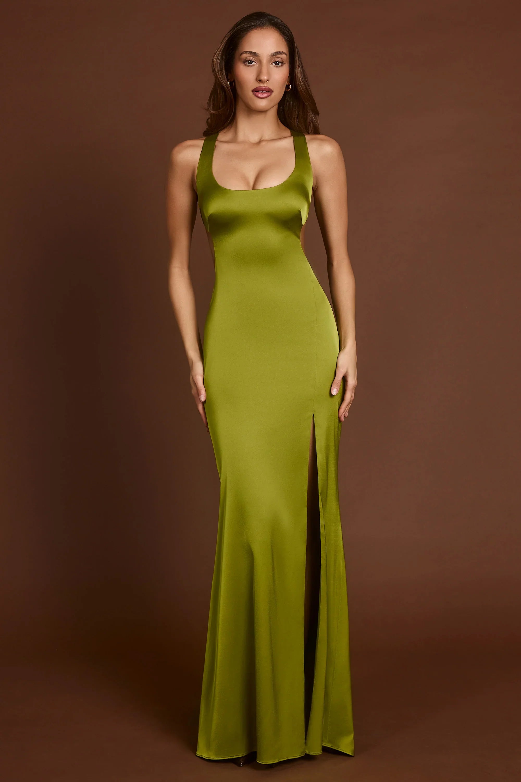 Scoop-Neck Lace-up Back Maxi Dress in Olive Green
