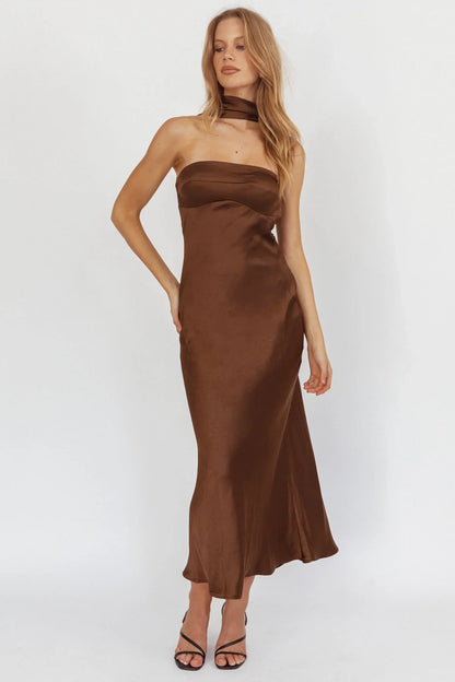Damsel Reverse Halter Maxi Dress Satin Chocolate