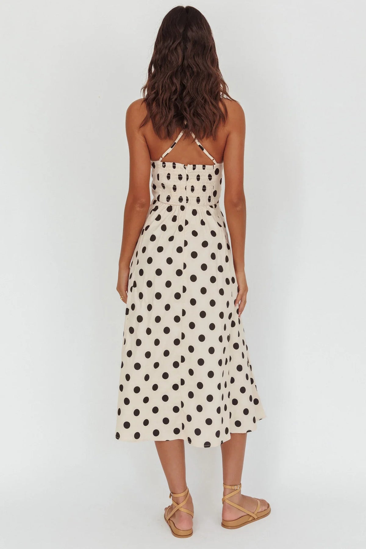 Second Glance Olga Criss-Cross Back Midi Dress Polka Dot Beige