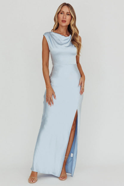 Jinora Cowl Neck Leg Slit Satin Maxi Dress Blue