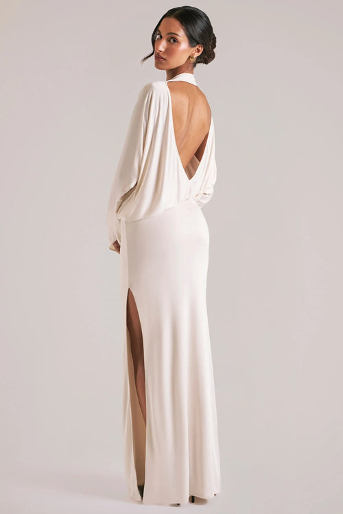 Long-Sleeve Draped Maxi Dress in Ivory