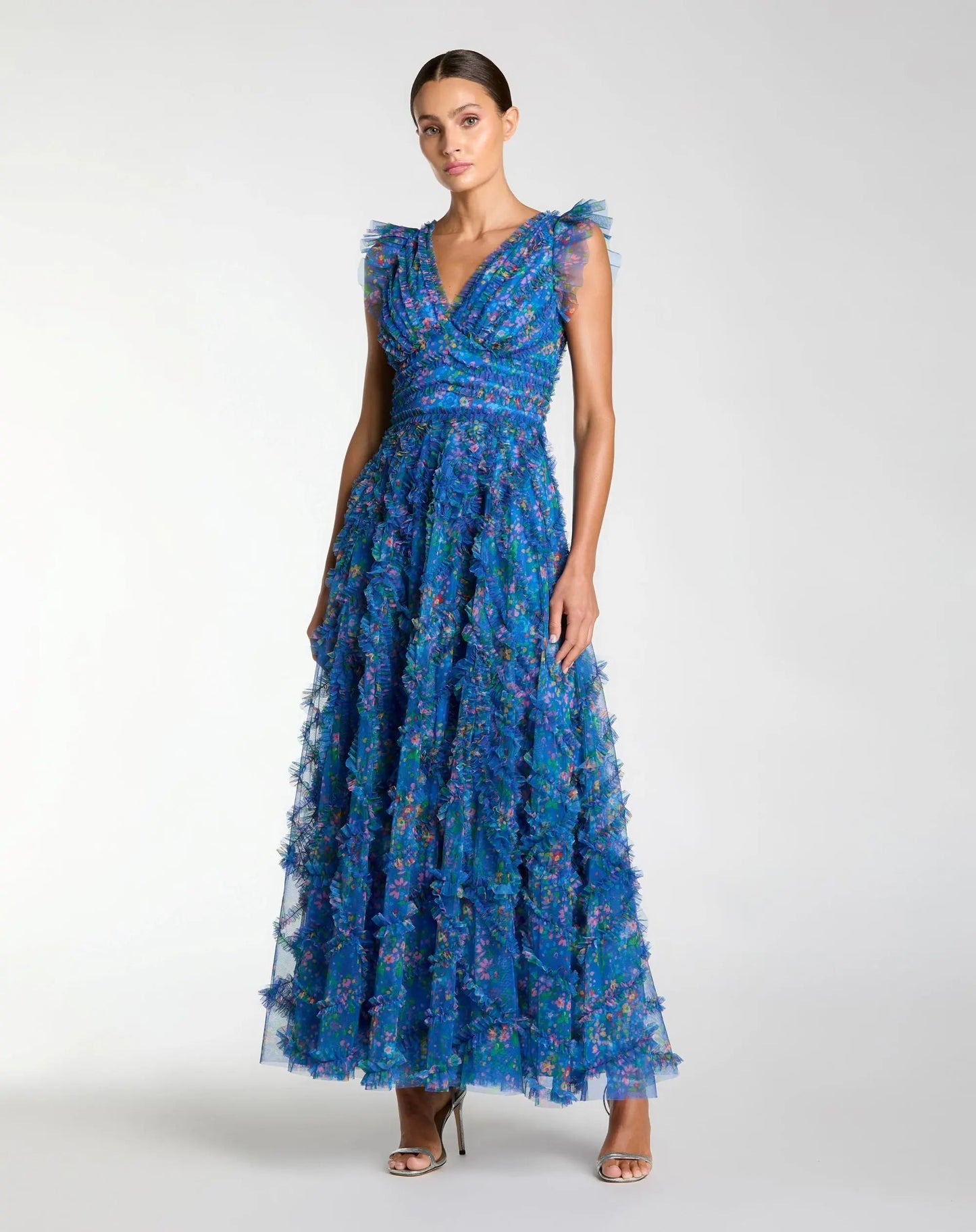 Blue Floral V-Neck Ruffle Maxi Dress