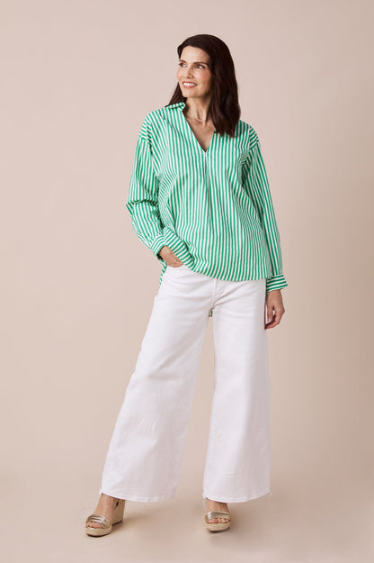 Lynette Collared Long Sleeve Shirt Striped Green