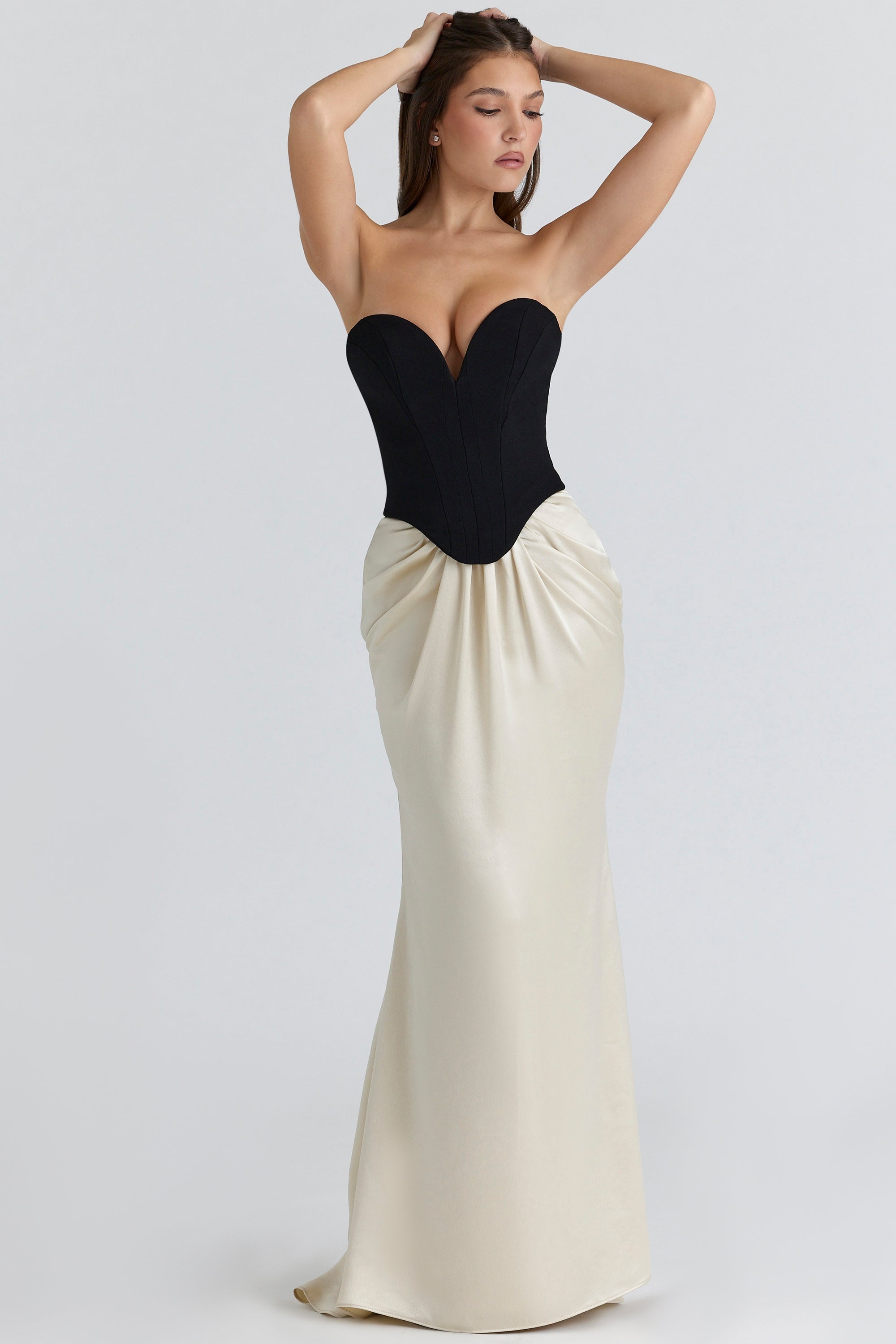black & champagne corset maxi gown