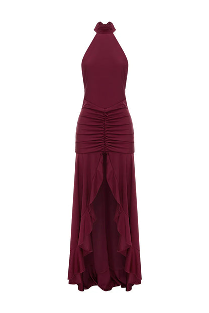 ZELMA HIGH NECK MAXI DRESS - WINE