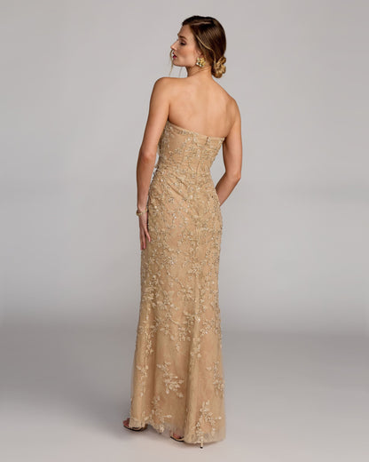 Petite Beige Strapless Embellished Lace Gown with 3D Flower