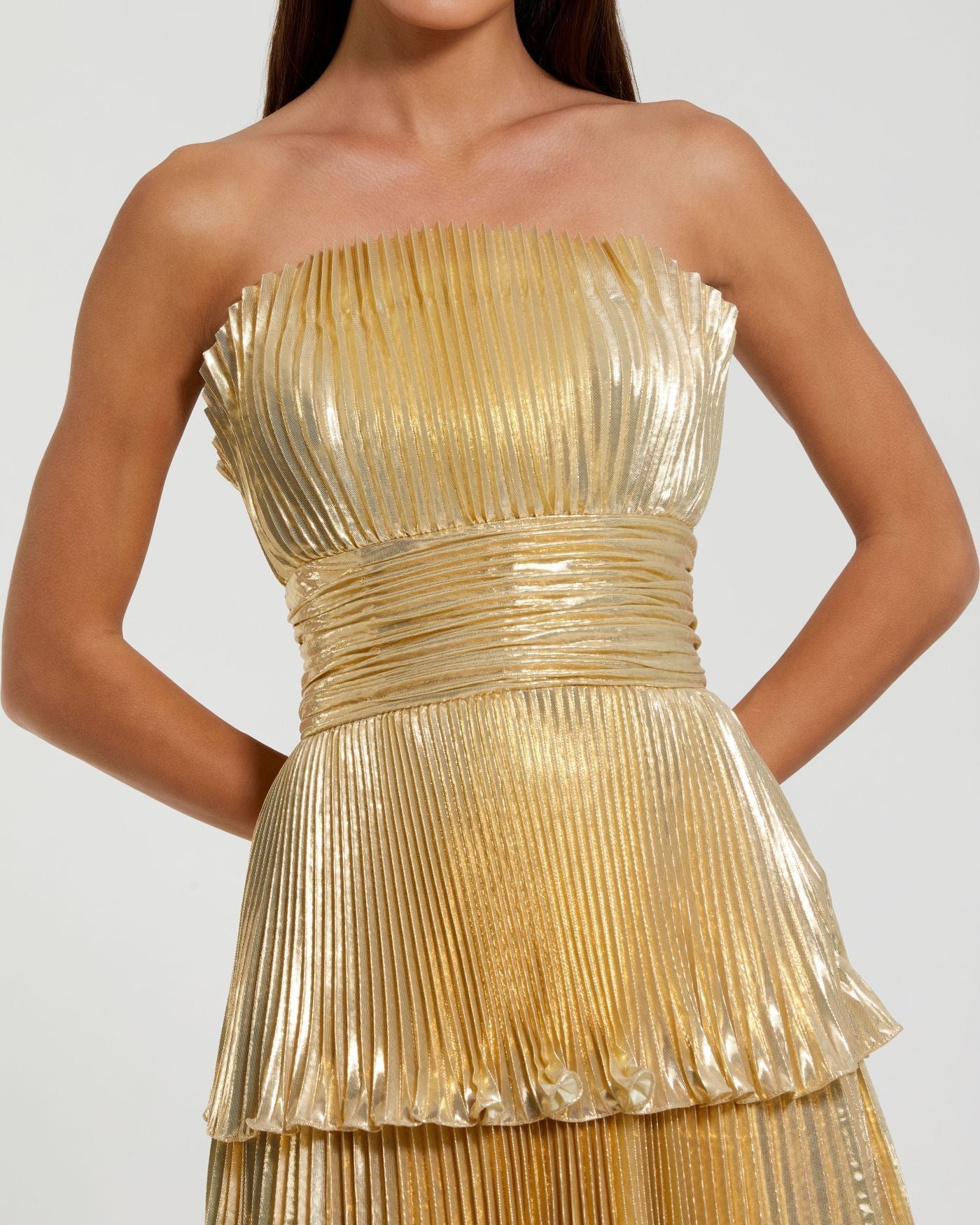 Petite Gold Strapless Pleated Metallic Layered Ruffle Gown