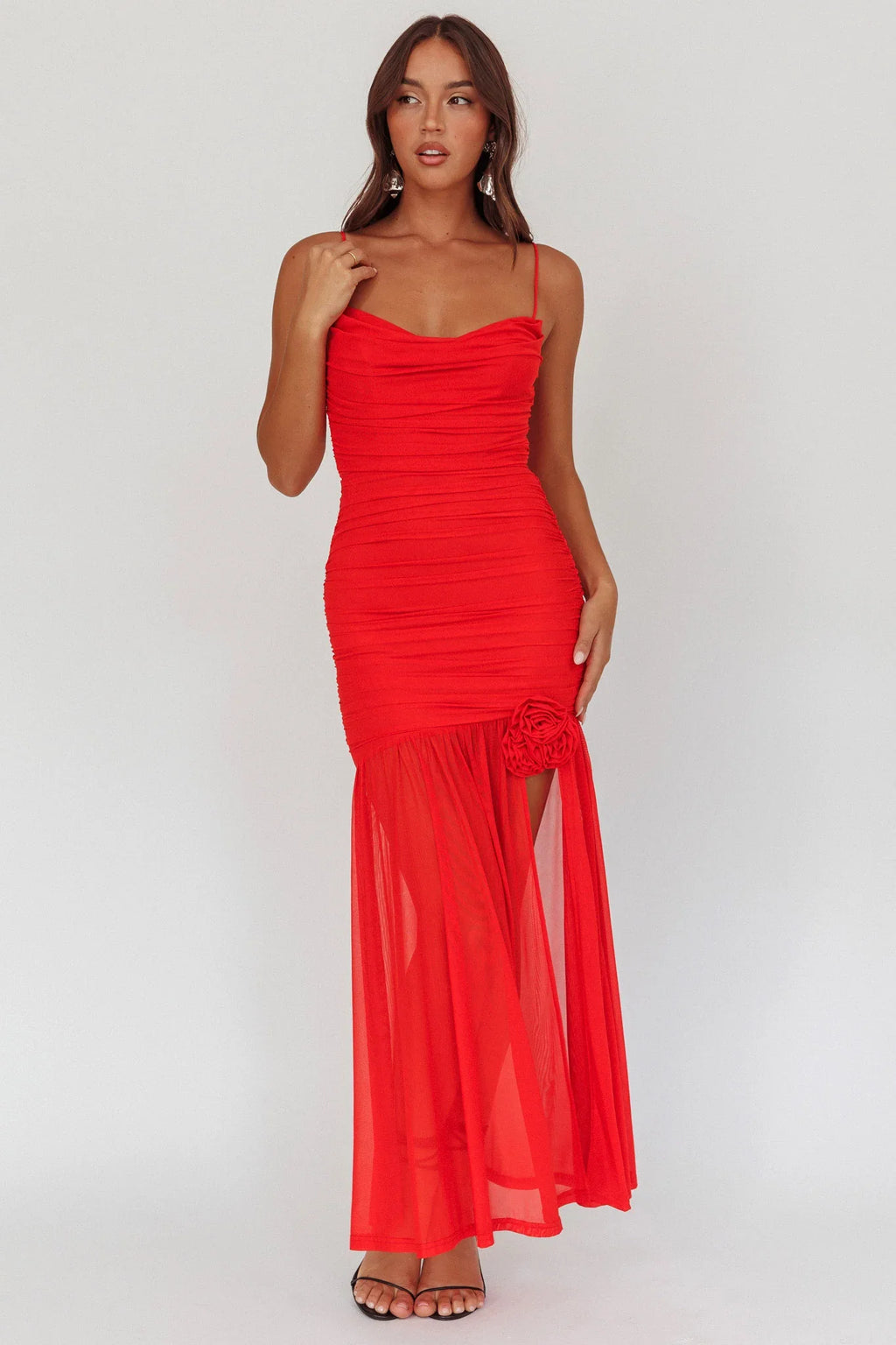 Stole The Show Ruched Mesh Maxi Dress Red