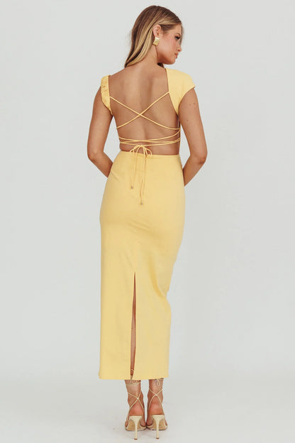 Dream Crush Asymmetric Neckline Midi Dress Lemon