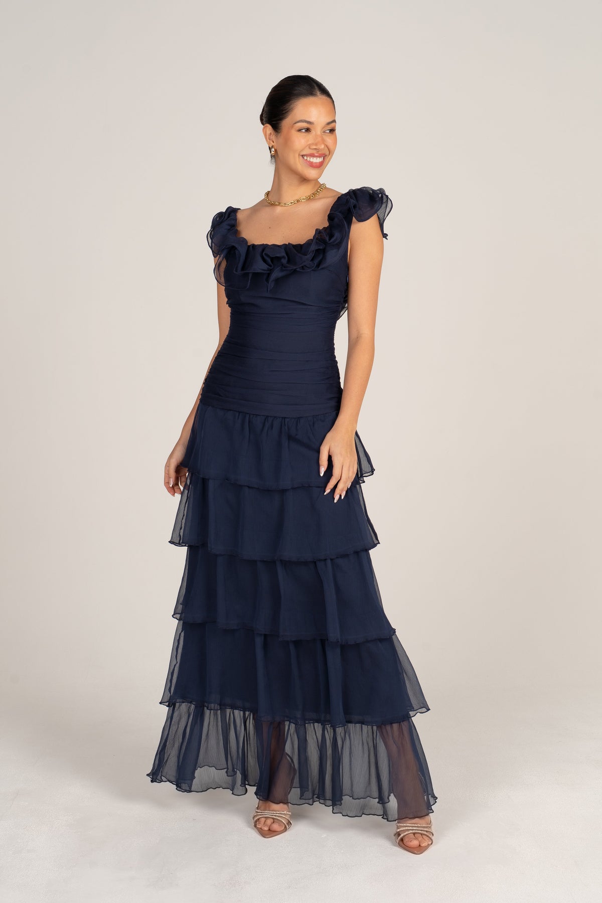 Adele Navy Tiered Dress with Ruffle Straps