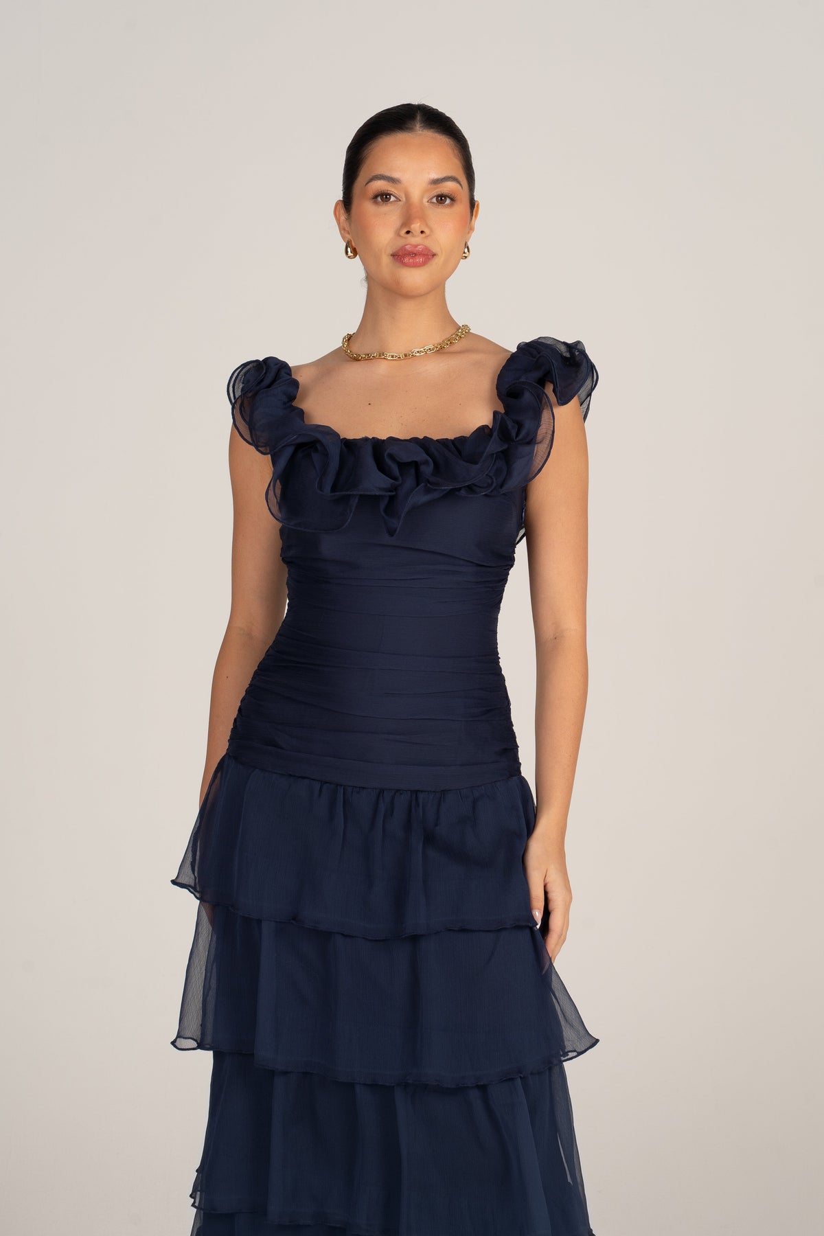 Adele Navy Tiered Dress with Ruffle Straps