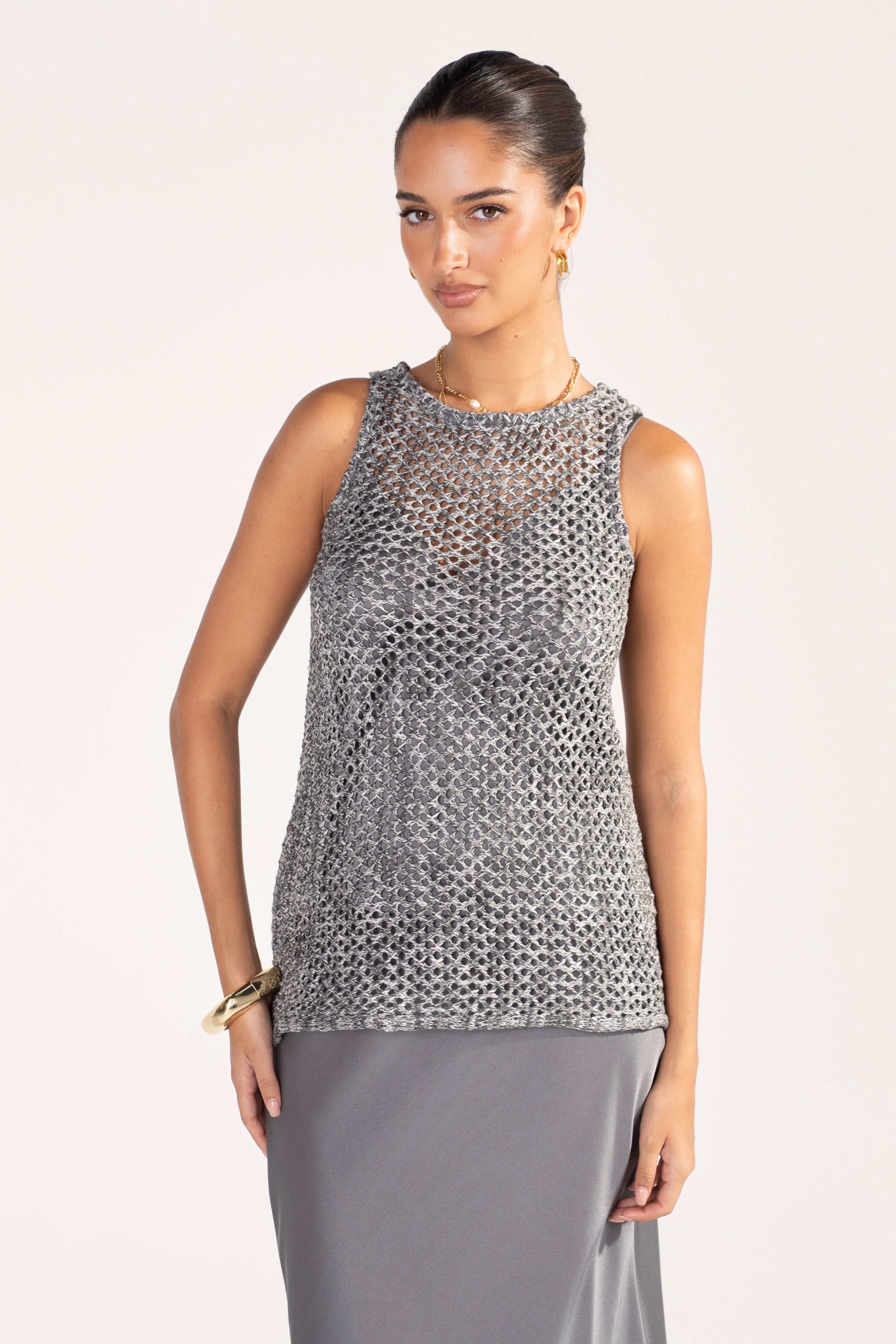 Bernie Silver Metallic Open-Knit Vest, Top & Skirt Set