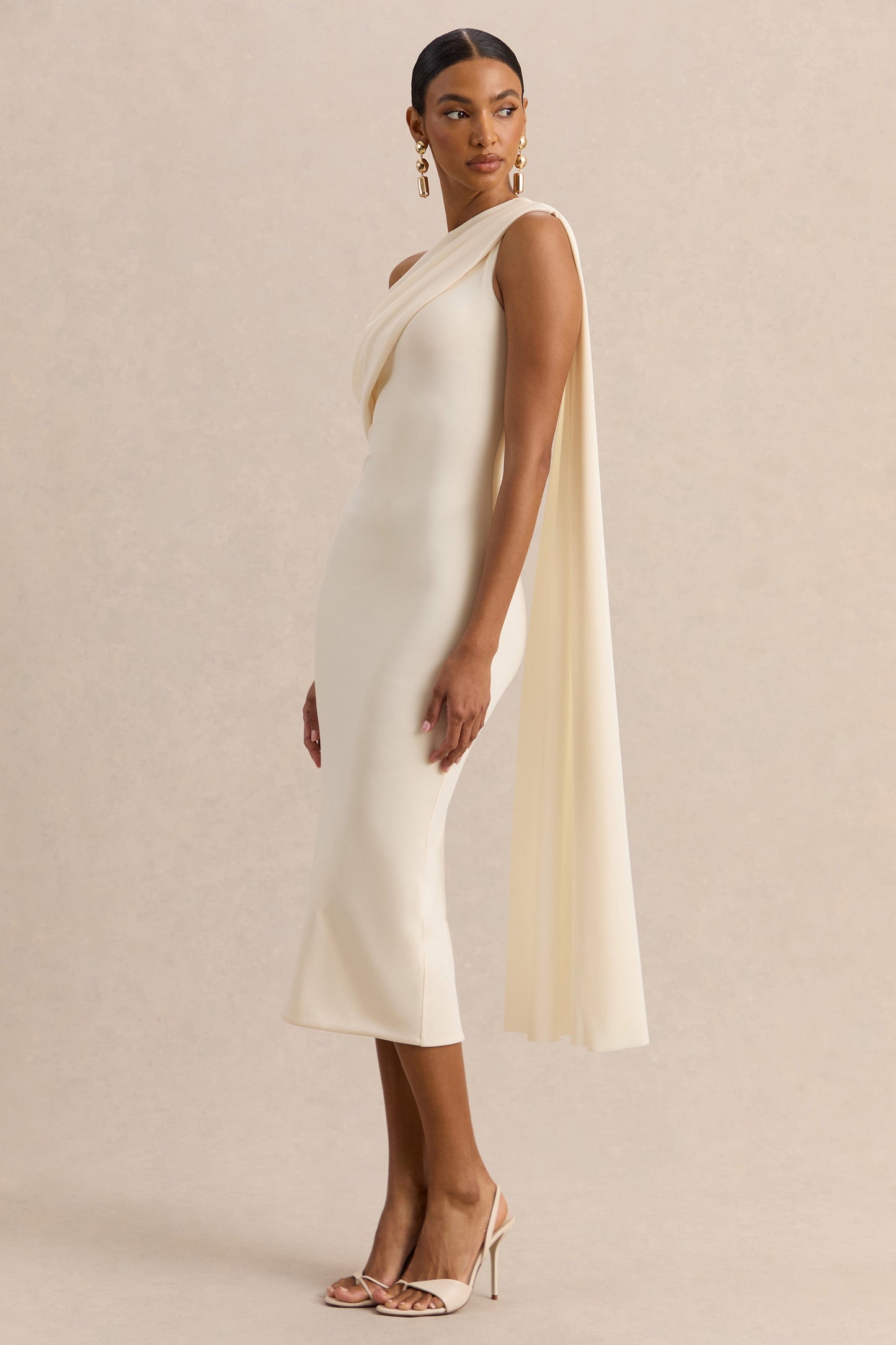 Madelisse | Cream Asymmetric-Neck Midi Dress With Sash
