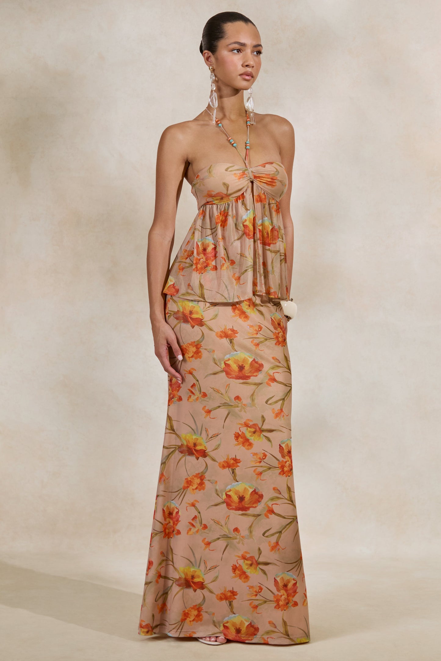 Flaviah | Orange Floral Print Mesh Maxi Skirt
