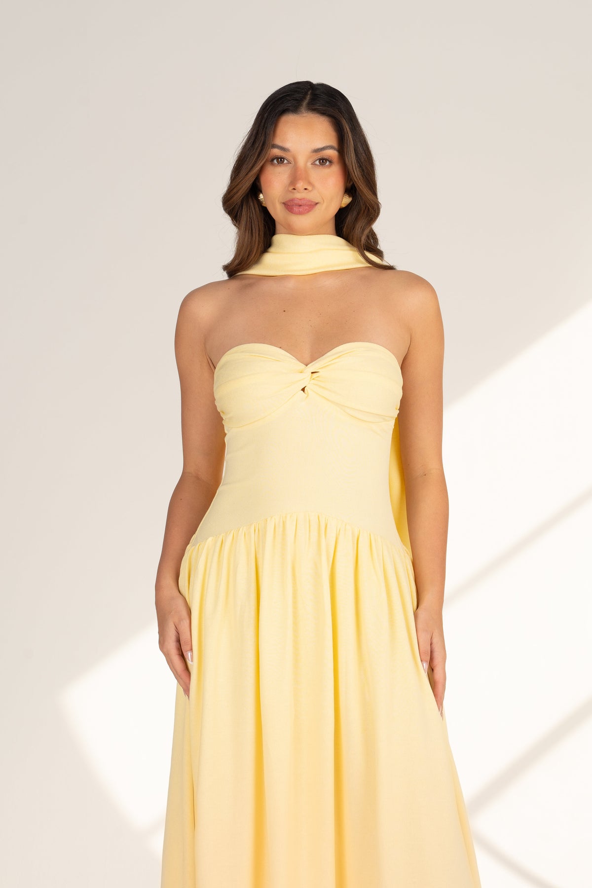 Celina Strapless Yellow Midi with Neck Scarf