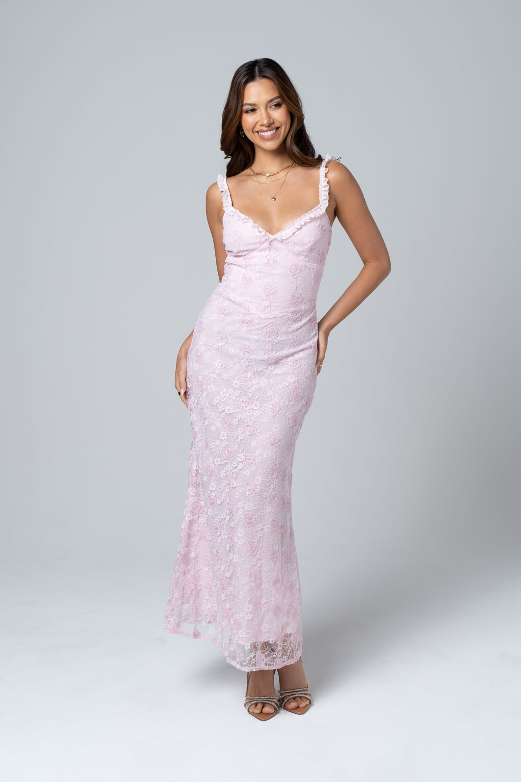 Clarissa Pink Floral Lace Midi Dress