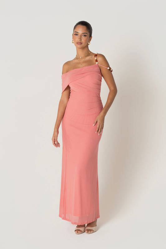 Dina Coral Off Shoulder Dress with Bead Details