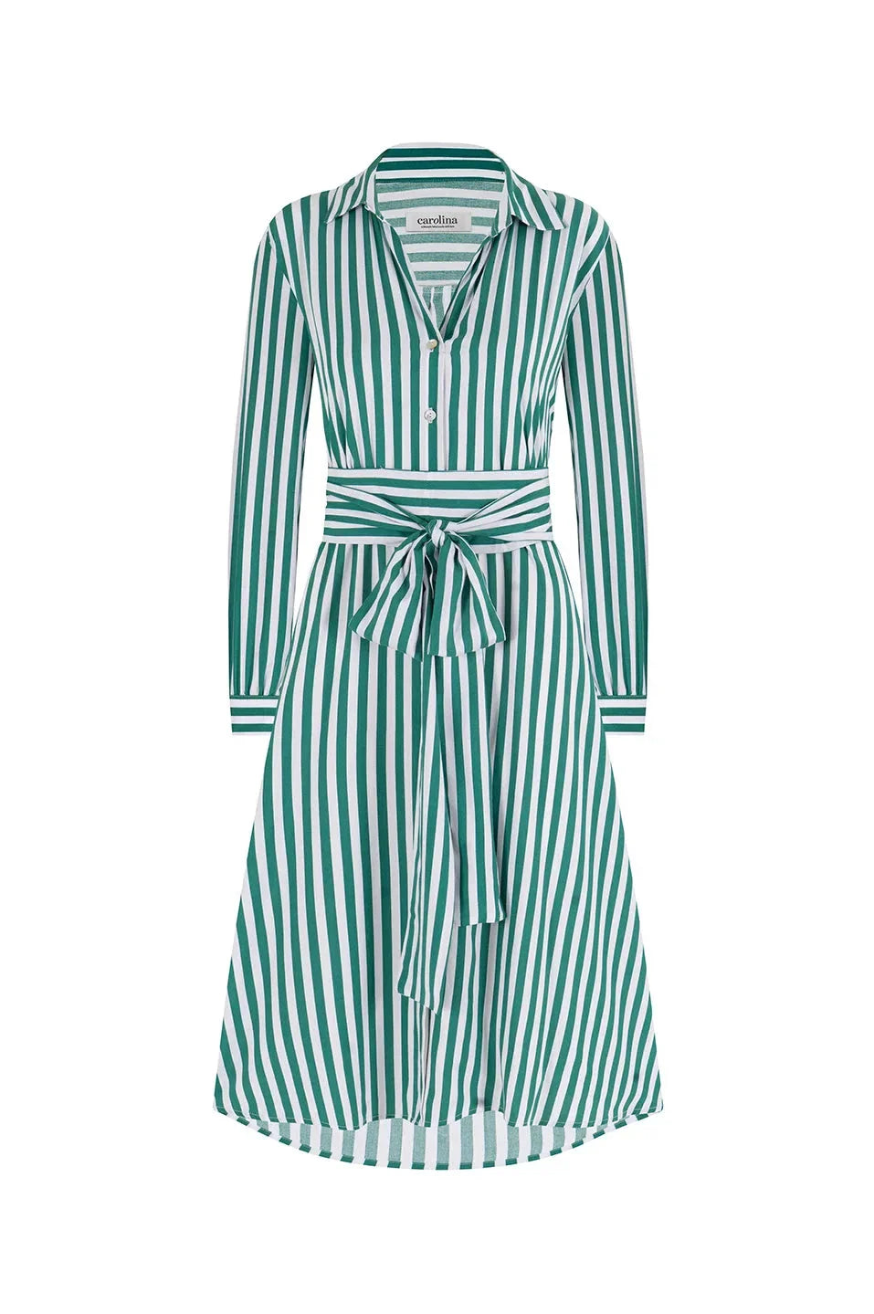 Francesca Long Sleeve Striped Midi Dress Emerald and White