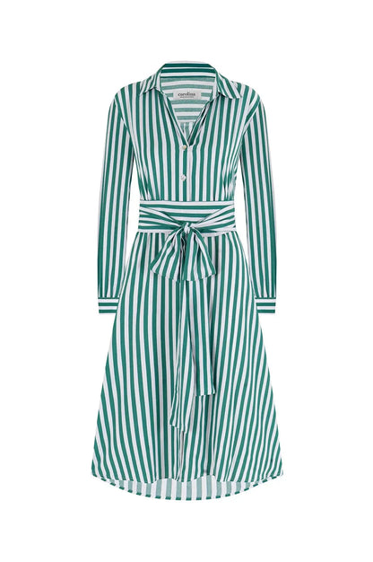 Francesca Long Sleeve Striped Midi Dress Emerald and White