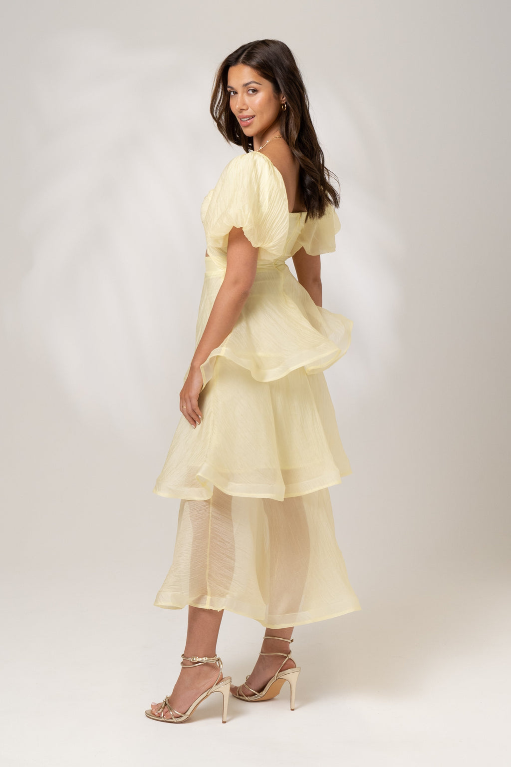 Imogen Tiered Yellow Midi Dress with Puff Sleeves