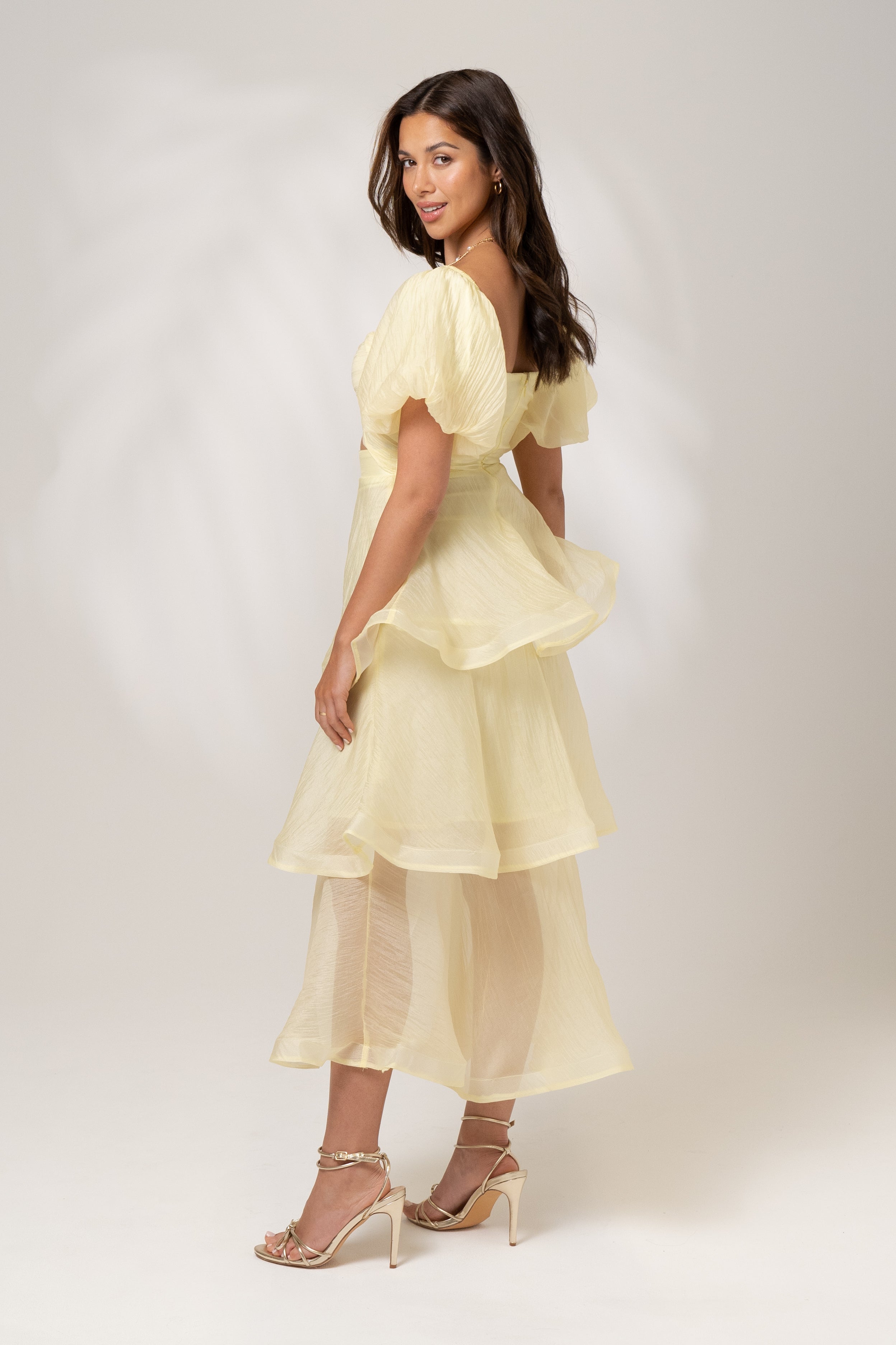 Imogen Tiered Yellow Midi Dress with Puff Sleeves