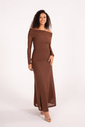 Irina Brown Shimmer Off Shoulder Maxi Dress with Sheer Long Sleeves
